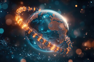 Poster - A stunning blue and orange planet with a spiral pattern orbiting around its center