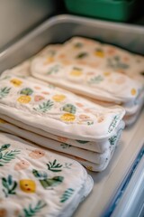 Poster - Close-up view of a tray filled with various cloths, ideal for use in product photography or textile displays
