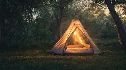 Poster - Illuminated tent in a tranquil forest at dusk.