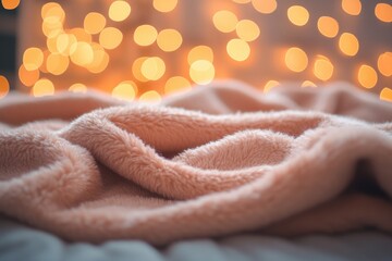 Poster - A cozy bed with a blanket and soft lighting in the background