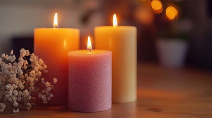 Poster - Three candles on a rustic wooden table, perfect for a cozy setting or as a decorative element