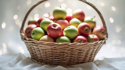 Poster - fresh apples arranged in a woven basket against a sparkling background during autumn