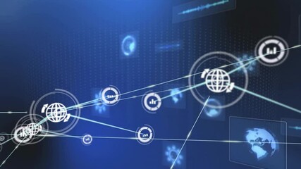 Poster - network of digital connections and data processing animation over blue background