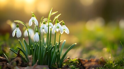 Aufkleber - Beautiful snowdrops blooming in spring sunlight with blurred background