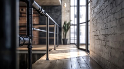 Poster - industrial-style loft apartment interior with exposed brick wall, large windows, wooden floor, and m