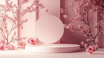 Poster - A tranquil arrangement features soft pink cherry blossoms framing a smooth circular pedestal. The gentle color scheme evokes a peaceful atmosphere, inviting creativity and reflection