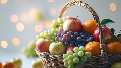 Poster - colorful fruit basket with fresh apples, grapes, and oranges, displayed on a table