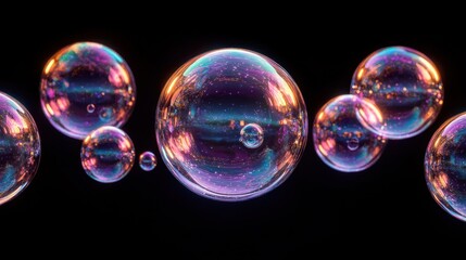 Aufkleber - Iridescent soap bubbles floating in dark background.