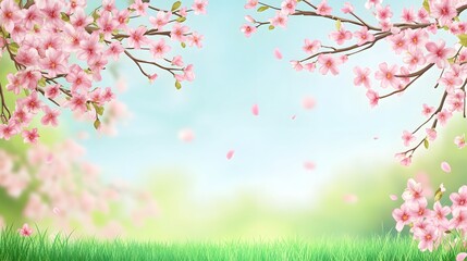 Aufkleber - Beautiful cherry blossom branches framing a green meadow with falling petals