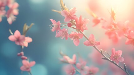 Aufkleber - Pink spring flowers blooming on branch in warm sunlight