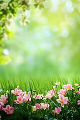 Aufkleber - Beautiful pink flowers blooming in green grass during springtime