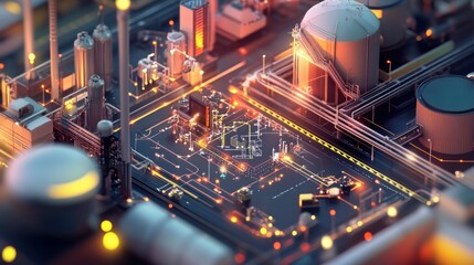 Leinwandbilder - Isometric view of an illuminated industrial complex at night, showcasing intricate pipelines and structures.