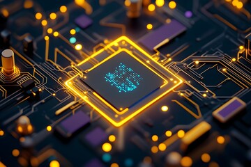 Intricate AI powered computer chip surrounded by glowing circuits