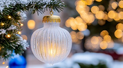 A clear glass christmas ornament hangs from a snow covered branch