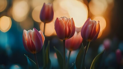Aufkleber - Pink and white tulips blooming in warm sunset light