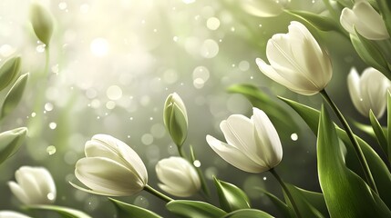 Poster - White tulips blooming in spring sunlight with bokeh effect