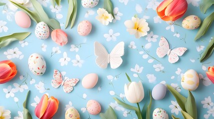 Poster - Easter eggs and tulips forming a spring background with butterflies