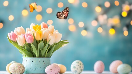 Poster - Butterflies flying over colorful tulips and easter eggs with bokeh effect