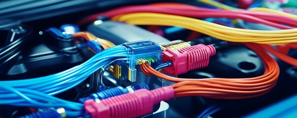 Poster - Colorful electrical cables connecting complex electronic devices