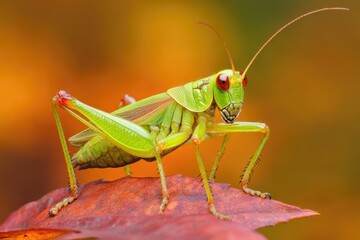 Fototapete - A close-up view of a grasshopper sitting on a leaf, with the surrounding greenery blurred out