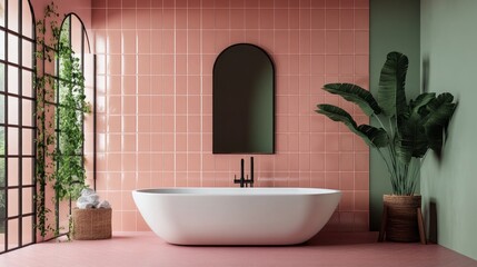 Poster - Bright pink and green tiles blend beautifully in this tranquil bathroom featuring a sleek freestanding tub, a chic mirror, and lush greenery adding life to the space