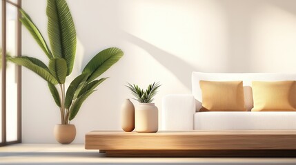 Poster - A bright, modern living room featuring a cozy white sofa, decorative cushions, and lush green plants, highlighting a serene and stylish ambiance.