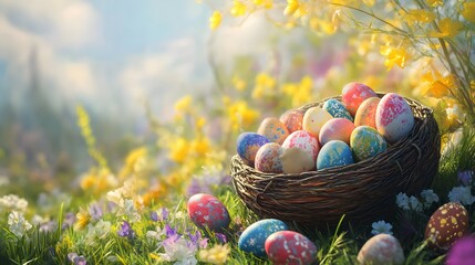 Poster - Easter eggs resting in a nest in a flowery meadow during a sunny spring day
