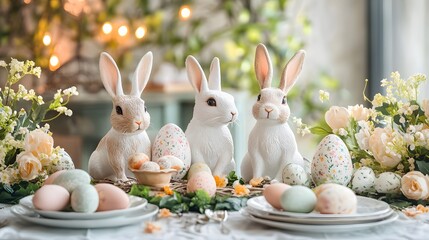 Poster - Easter bunnies decorating table with colorful eggs and flowers