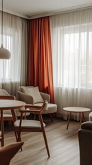 Aufkleber - A beautifully designed living room features soft beige chairs and round tables, adorned with warm orange curtains. Gentle sunlight fills the space, creating a serene atmosphere perfect for relaxation