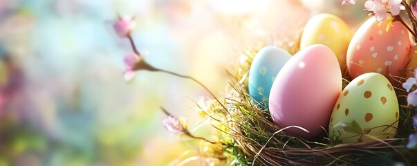 Poster - Colorful easter eggs resting in a nest amidst spring blossoms