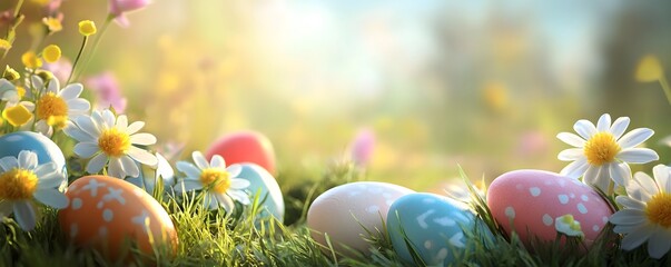Poster - Colorful easter eggs hiding in green grass with daisies
