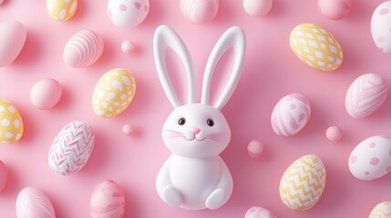 Wall Mural - white easter bunny sitting surrounded by colorful eggs on pink background