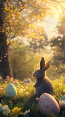 Wall Mural - cute easter bunny exploring spring meadow with colorful eggs