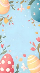 Poster - Colorful easter eggs and spring flowers framing a light blue background