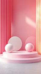 Poster - In a contemporary setting, soft pastel colors envelop a circular podium adorned with spherical forms, evoking a playful yet sophisticated atmosphere