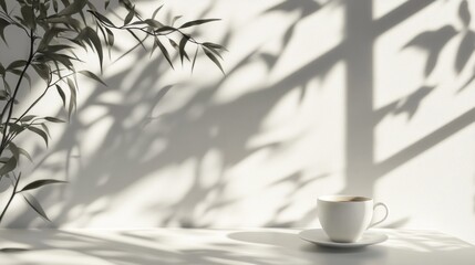 Aufkleber - Sunlight filters through leaves, casting delicate shadows on a white surface where a steaming cup rests peacefully. The tranquil setting evokes a sense of calm and reflection
