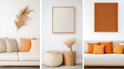 Poster - A modern living space featuring neutral tones, textured decor, and orange accents, creating a warm and inviting atmosphere.
