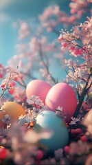 Wall Mural - colorful easter eggs nestled among cherry blossoms in spring sunlight