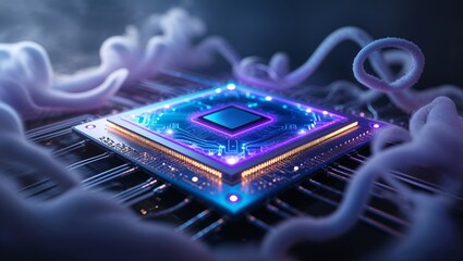 Poster - Microchip technology illuminated with vibrant colors in a futuristic setting showcasing advanced circuitry