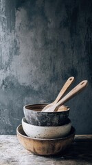 Poster - Three ceramic bowls with wooden spoons resting inside, ready for use or serving