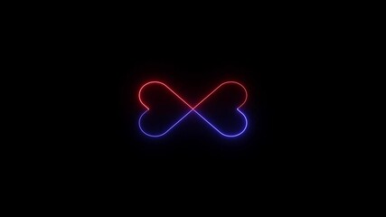 Poster - Love sign with glowing neon heart shape and mirrored effect in red and blue on black background, creating a dynamic visual.