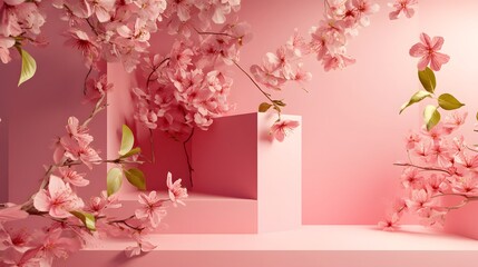 Poster - Pink cherry blossom branches framing empty display stands on pink background