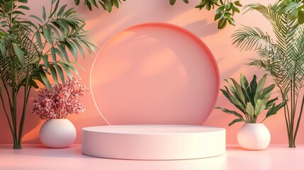 Poster - Soft pink walls cradle a circular backdrop, harmonizing with vibrant plants in stylish pots, creating an inviting atmosphere for artistic displays and events