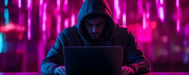 Aufkleber - Hacker coding on laptop in dark room with pink and blue neon lights