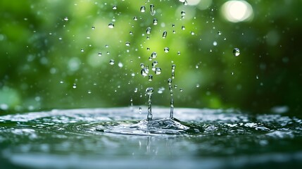 Poster - Crystal clear water drops splashing on water surface with green natural background