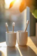 Poster - Toothbrushes arranged neatly in a cup on a table