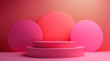 Poster - A modern studio space features a three-tiered platform surrounded by colorful circular shapes in shades of pink and coral, designed for an artistic presentation, inviting creativity