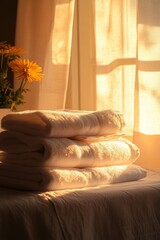 Poster - Stacked towels on a bed, perfect for a spa day or hotel scene
