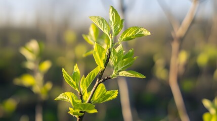 Aufkleber - Young bright green leaves growing on branch in spring orchard