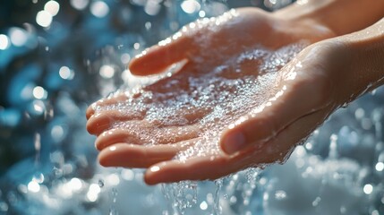 Poster - A person holding out their hands in the water, with ripples and reflections